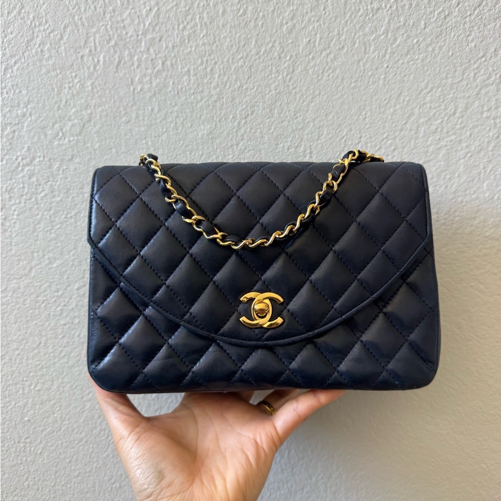 Chanel Navy Diamond Quilted Lambskin Crossbody Bag with 24k Gold Chain